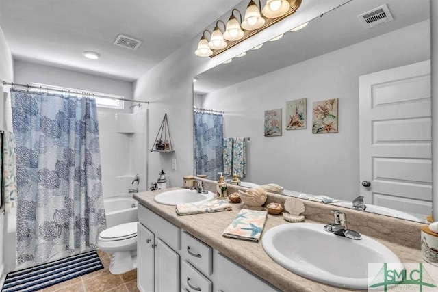 full bathroom with vanity, tile patterned floors, toilet, and shower / bathtub combination with curtain