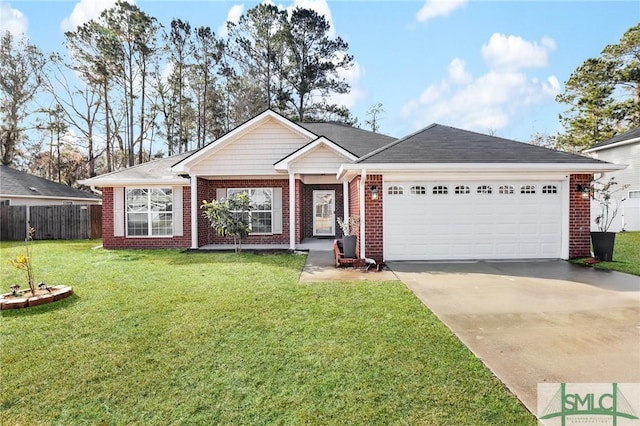 ranch-style house featuring a garage and a front yard