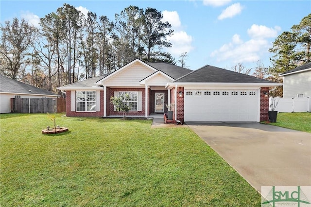 ranch-style home with a garage and a front lawn