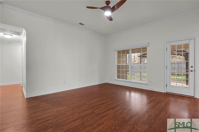 unfurnished room featuring hardwood / wood-style floors, crown molding, and ceiling fan