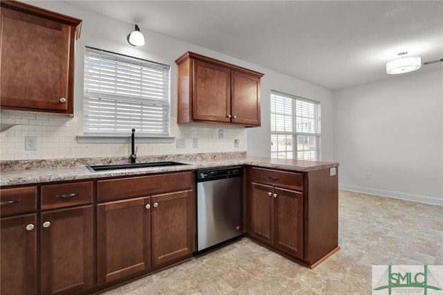 kitchen featuring sink, backsplash, stainless steel dishwasher, and kitchen peninsula