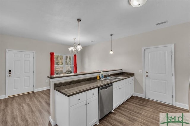 kitchen with stainless steel dishwasher, kitchen peninsula, hanging light fixtures, and white cabinets