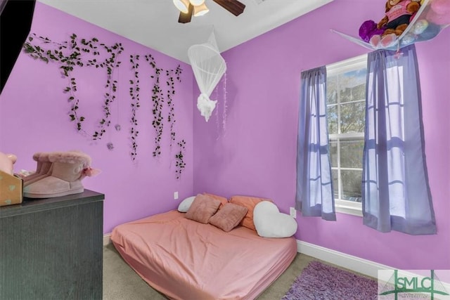 bedroom with carpet flooring and ceiling fan