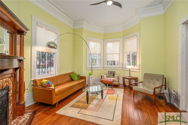 interior space with crown molding, wood-type flooring, and ceiling fan