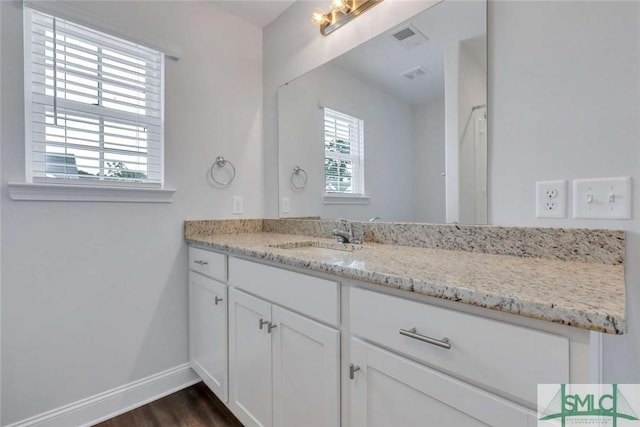 bathroom featuring hardwood / wood-style flooring, vanity, and a healthy amount of sunlight