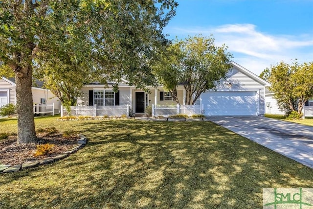 view of front facade with a garage, a front yard, covered porch, and driveway
