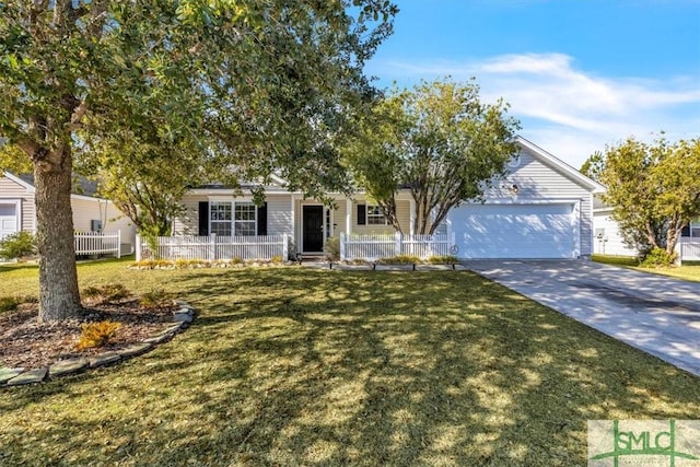 view of front of property with a garage, covered porch, and a front lawn