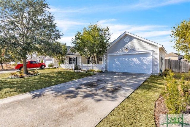 ranch-style house with a garage and a front lawn