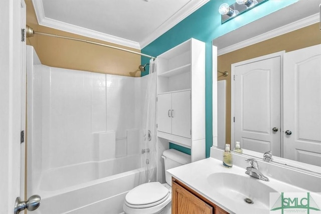 full bathroom with ornamental molding, tub / shower combination, vanity, and toilet