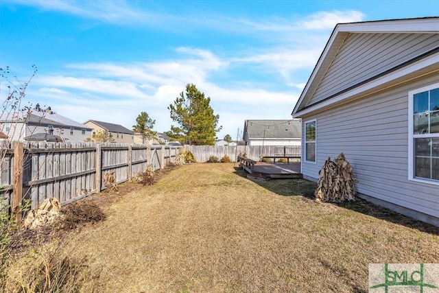 view of yard featuring a wooden deck and a fenced backyard