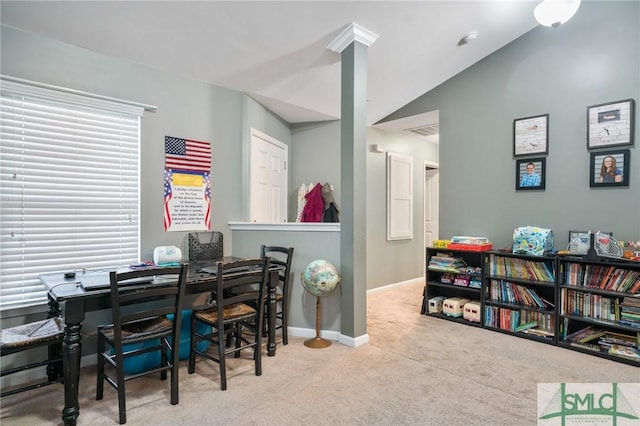 carpeted office space with lofted ceiling