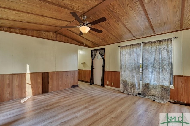 empty room featuring ceiling fan, lofted ceiling, wood ceiling, and light hardwood / wood-style floors