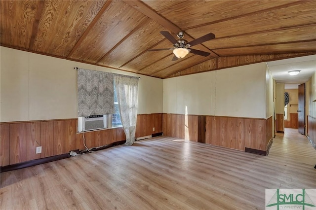 unfurnished room with vaulted ceiling, cooling unit, ceiling fan, light hardwood / wood-style floors, and wooden ceiling