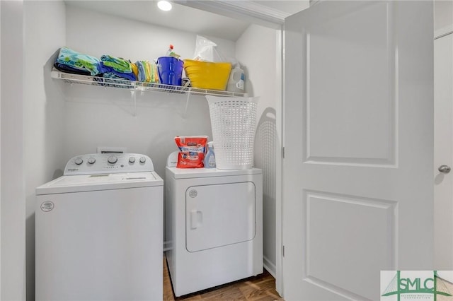 176 Coneflower Rd, Bloomingdale, GA 31302 - laundry room featuring wood-type flooring and washer and dryer