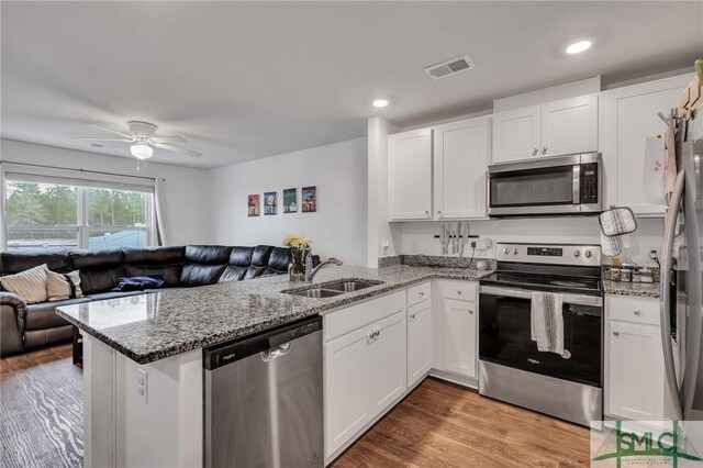 176 Coneflower Rd, Bloomingdale, GA 31302 - kitchen with sink, appliances with stainless steel finishes, white cabinets, kitchen peninsula, and light wood-type flooring