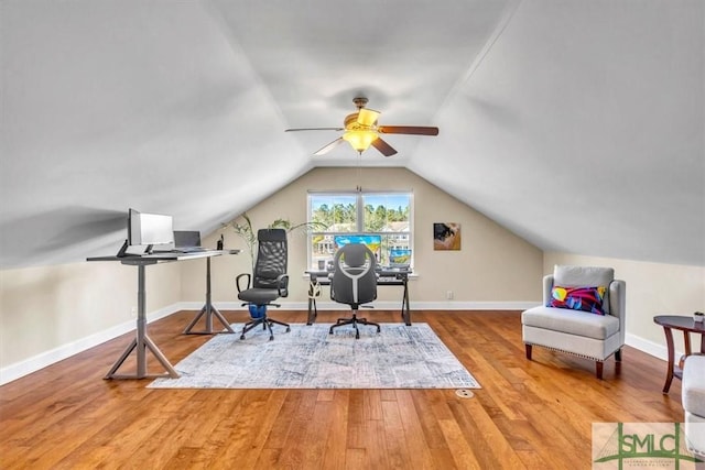 office space with hardwood / wood-style flooring, lofted ceiling, and ceiling fan