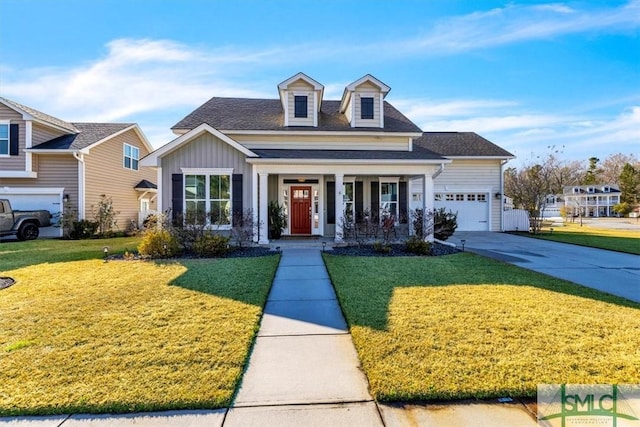 view of front of house with a garage, a front yard, and a porch