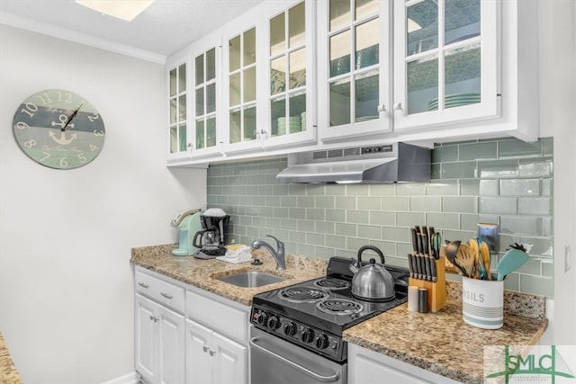 kitchen featuring a sink, range hood, white cabinetry, and electric stove