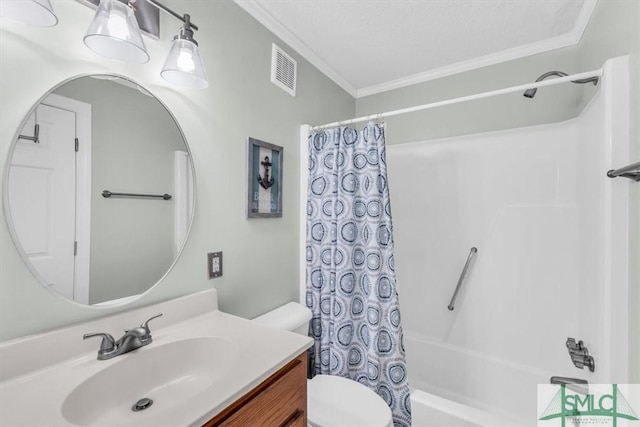 bathroom featuring shower / tub combo, vanity, crown molding, toilet, and visible vents