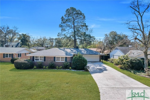 ranch-style home with a garage and a front lawn