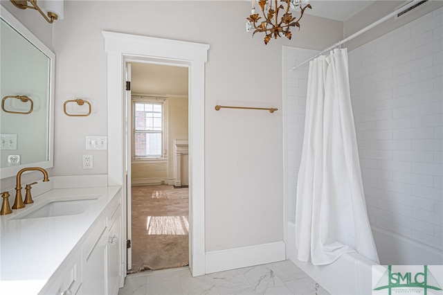 full bath with vanity, visible vents, shower / tub combo, marble finish floor, and a chandelier