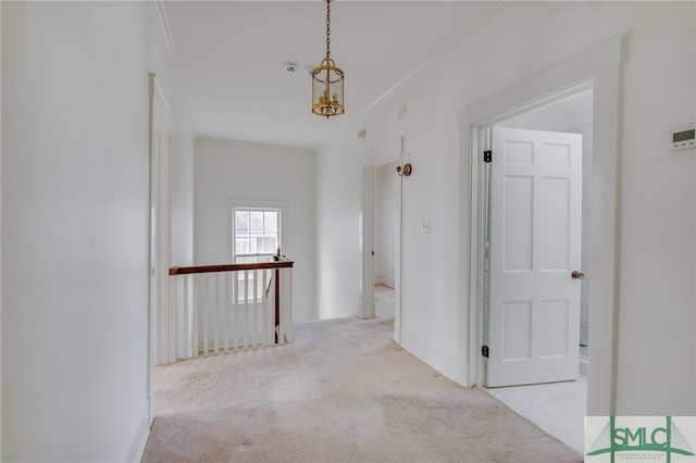 hallway with crown molding, carpet, and baseboards