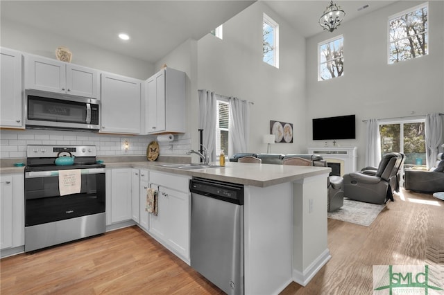 kitchen featuring sink, light hardwood / wood-style flooring, white cabinetry, stainless steel appliances, and decorative backsplash