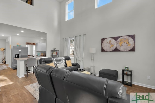 living room featuring plenty of natural light, a high ceiling, and light wood-type flooring