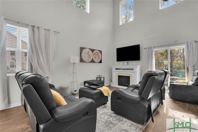 living room with a wealth of natural light, light hardwood / wood-style flooring, and a towering ceiling