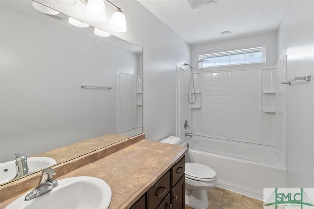 full bathroom featuring vanity, tile patterned floors, shower / bathtub combination, and toilet