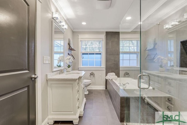 full bathroom featuring shower with separate bathtub, tile patterned flooring, ornamental molding, vanity, and toilet