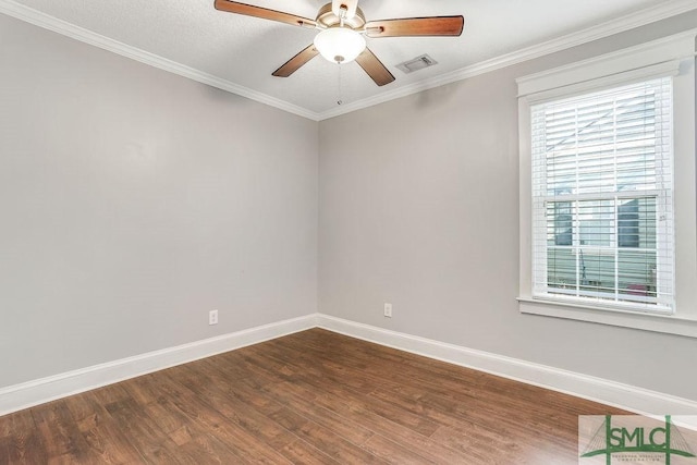 unfurnished room featuring ornamental molding, dark hardwood / wood-style floors, and ceiling fan