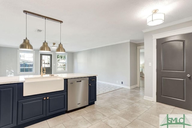 kitchen with light tile patterned flooring, dishwasher, sink, hanging light fixtures, and ornamental molding