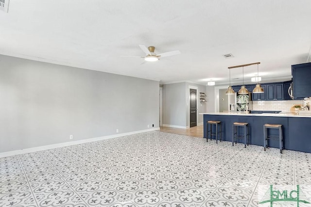 unfurnished living room featuring crown molding and ceiling fan