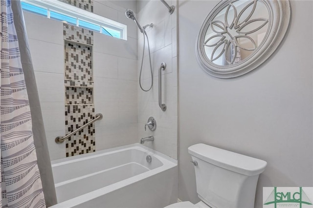 bathroom with shower / bathtub combination with curtain and toilet