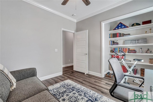 office space with crown molding, dark hardwood / wood-style floors, and ceiling fan