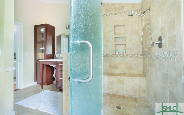 bathroom with vanity and walk in shower