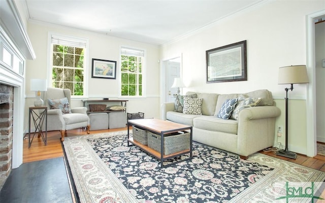 living room featuring crown molding and wood-type flooring