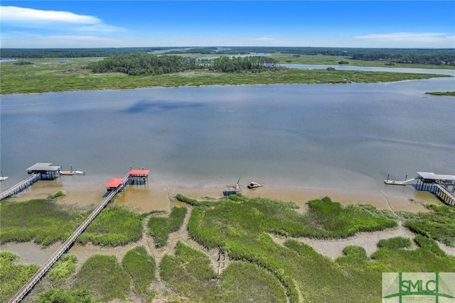 drone / aerial view with a water view