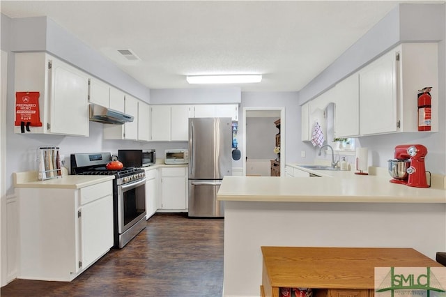 kitchen featuring sink, white cabinets, dark hardwood / wood-style flooring, kitchen peninsula, and stainless steel appliances