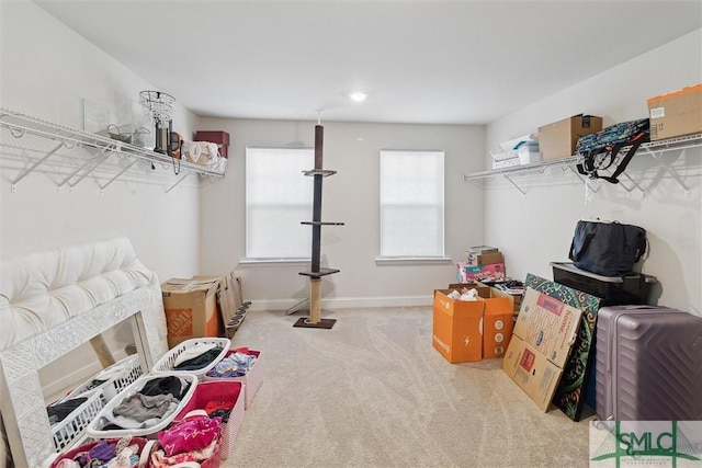 interior space featuring light colored carpet