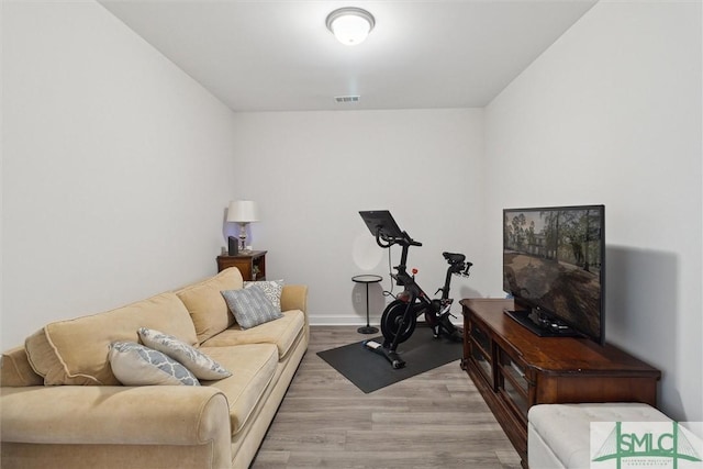 exercise room featuring light hardwood / wood-style floors