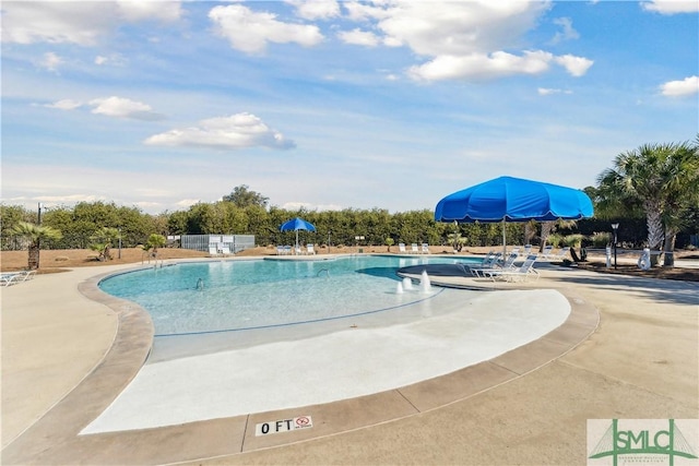 view of swimming pool featuring a patio area