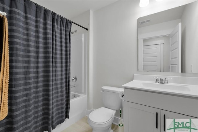 bathroom featuring visible vents, shower / bath combination with curtain, toilet, and vanity