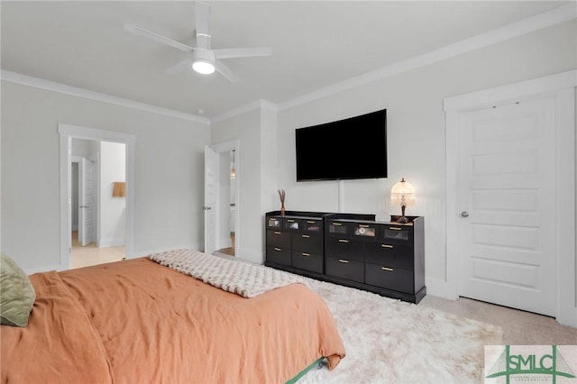 bedroom featuring ceiling fan, light colored carpet, and ornamental molding