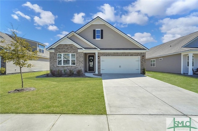 craftsman-style home featuring concrete driveway, an attached garage, brick siding, and a front yard