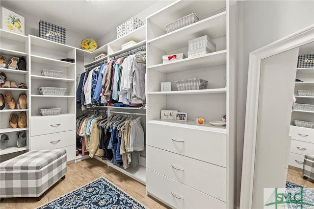 walk in closet featuring light hardwood / wood-style flooring