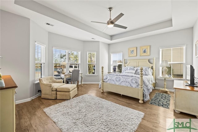 bedroom with wood-type flooring, a raised ceiling, and multiple windows