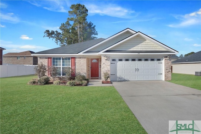 single story home featuring cooling unit, a garage, and a front lawn