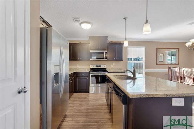 kitchen featuring sink, stainless steel appliances, hanging light fixtures, and an island with sink